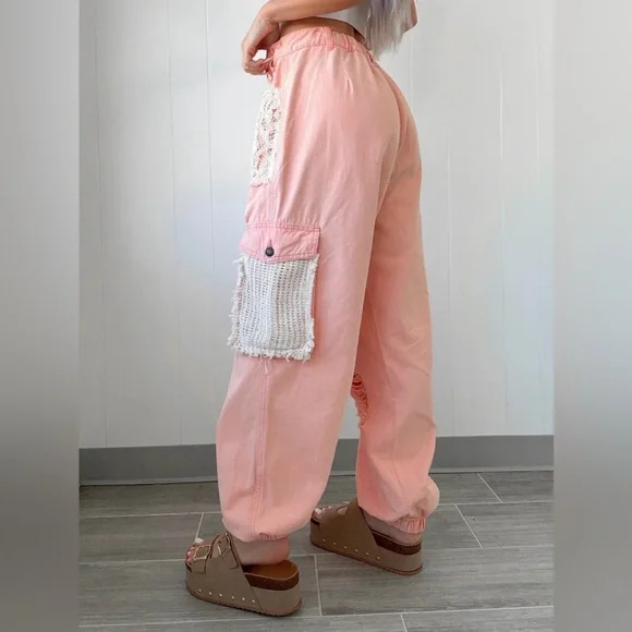 POL Clothing Peach Patchwork Crochet Lace Drawstring Distressed Jogger - Picture 4 of 10